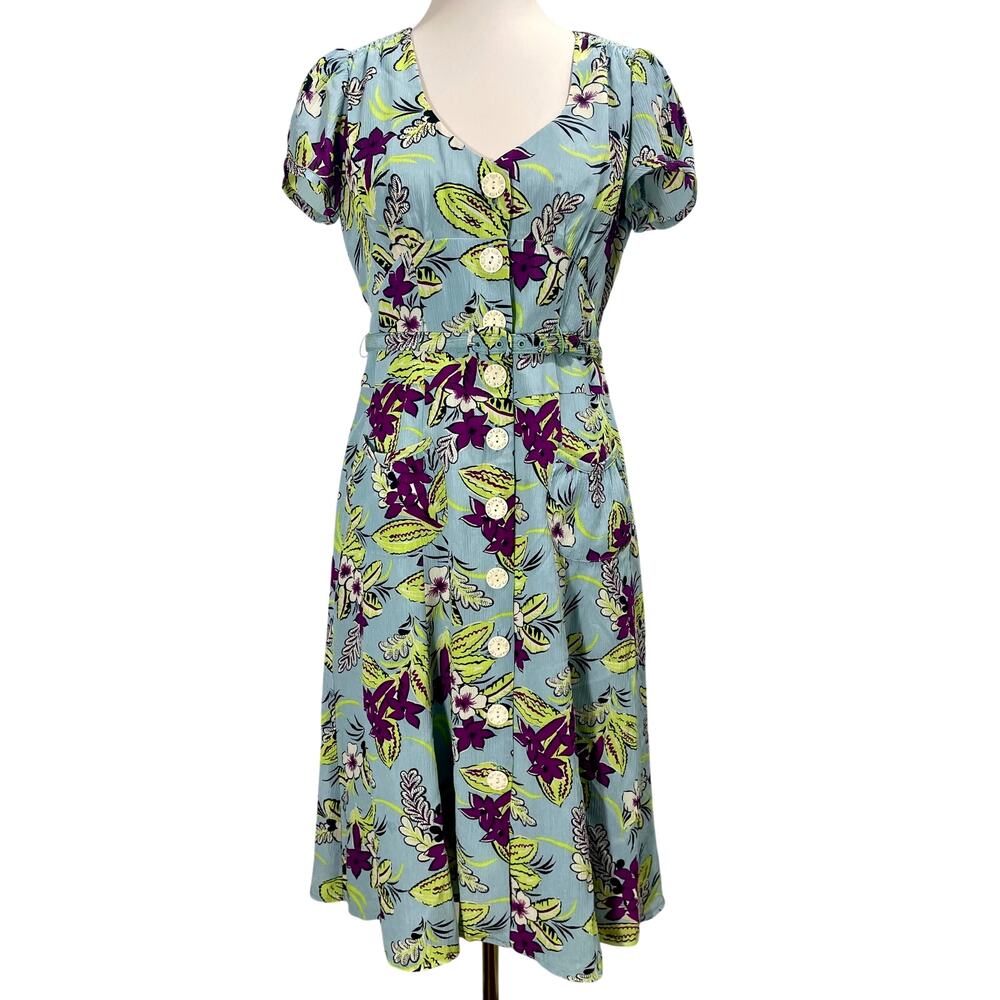 Nanette Lepore Silk Button Front Dress Knee-Length Tropical Floral Size 4 Belted